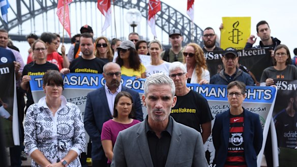 Former footballer and SBS presenter Craig Foster at a rally in Sydney for Hakeem al-Araibi.