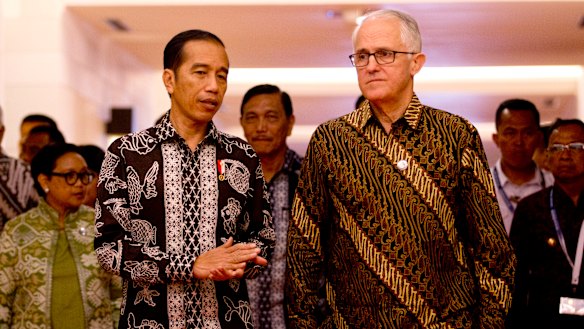 Jokowi and then prime minister Malcolm Turnbull in 2018. 