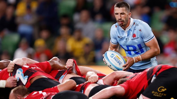 Jake Gordon puts the ball into the scrum for the Waratahs in 2024.