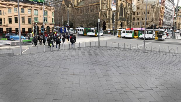 An artist's impression of the new forecourt outside Flinders Street Station once permanent bollards go in.