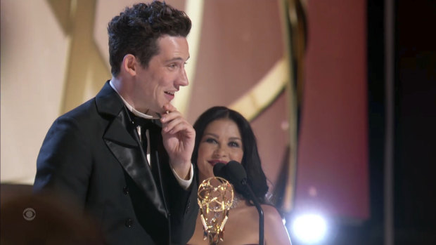 The Crown’s Josh O’Connor accepts the award for outstanding lead actor at the Emmys.