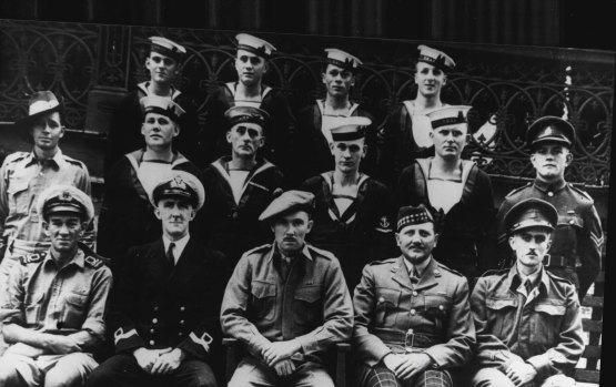 Able Seaman Moss Berryman (rear left) with crew and Service Reconnaissance Department operatives of the Krait Operation Jaywick.