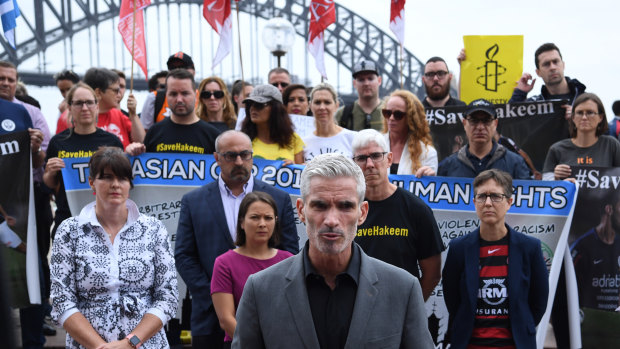 Former footballer and SBS presenter Craig Foster at a rally in Sydney for Hakeem al-Araibi.
