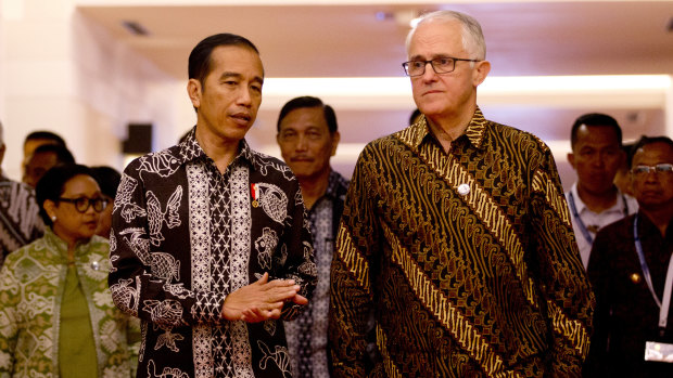 Jokowi and then prime minister Malcolm Turnbull in 2018. 