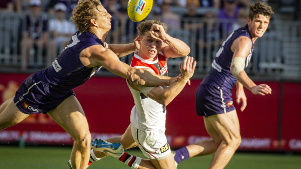 St Kilda's Jack Billings (centre) was the subject of a six-six-six infringement against Fremantle at the weekend. 