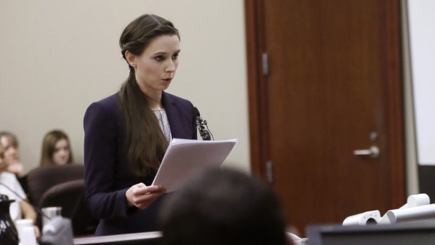Former gymnast Rachael Denhollander gives her victim impact statement during Larry Nassar's sentencing hearing in Lansing, Michigan, in January.