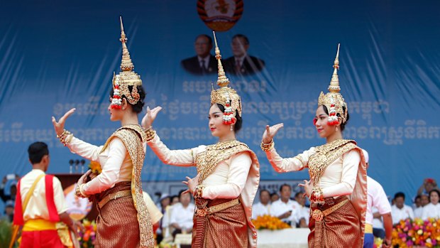 Dancers perform during a campaign rally of Cambodian Prime Minister Hun Sen\'s Cambodian People\'s Party.