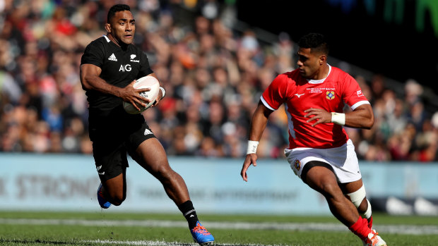 The All Blacks' Sevu Reece surges into the clear against Tonga last weekend.