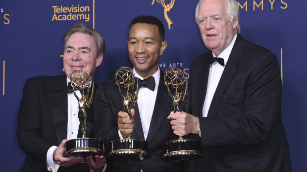 Andrew Lloyd Webber, John Legend, and Tim Rice with their Emmys.