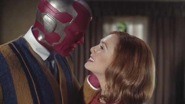 Paul Bettany as Vision and Elizabeth Olsen as Wanda Maximoff in WandaVision.