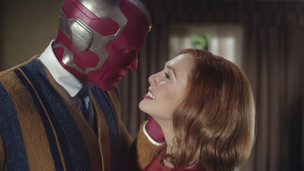 Paul Bettany as Vision and Elizabeth Olsen as Wanda Maximoff in WandaVision.