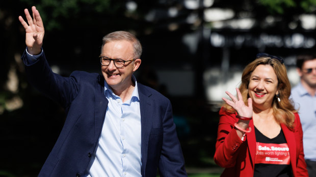 Before his elevation to the prime ministership, Anthony Albanese campaigns in Brisbane alongside and Queensland Premier Annastacia Palaszczuk.