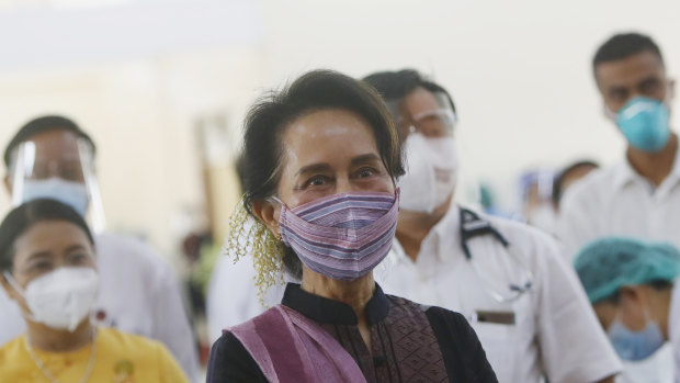 Aung San Suu Kyi last week inspecting the vaccination processes of health workers at a hospital in Naypyitaw, Myanmar. 