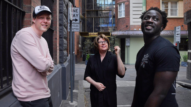 International writers of this year's Sydney Writer Festivals: Max Porter (left), Meg Wolitzer (centre) and Nana Kwame Adjei-Brenyah (right) in Chippendale