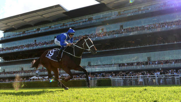 Daylight second: Winx finds the line in front of the Randwick faithful without any challengers in sight.