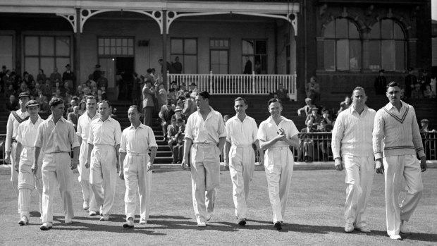 The 1945 Australia Services team take the field at Bramall Lane, Sheffield.