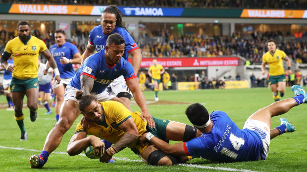 Lukhan Salakaia-Loto gets on the scoresheet for the Wallabies against Samoa last month.