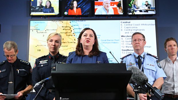 Premier Annastacia Palaszczuk delivering her warning to Queenslanders from Emergency HQ at Kedron on Wednesday.