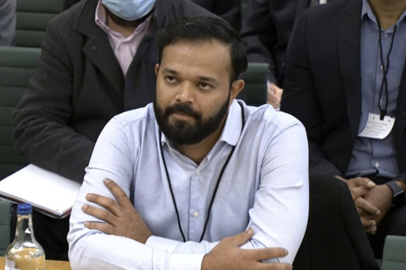 Whistleblower Azeem Rafiq addresses a parliamentary hearing in 2021.