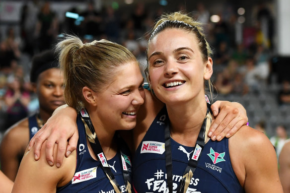 Kate Moloney and Liz Watson have been playing together for years. The pair were all smiles after the Vixens won the 2020 grand final.