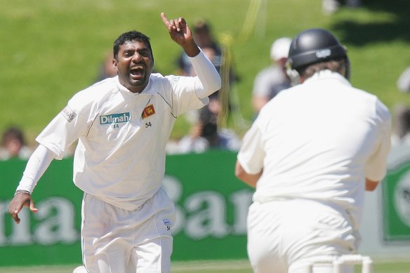 Murali celebrates one of his 800 wickets.
