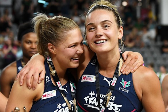 Kate Moloney and Liz Watson have been playing together for years. The pair were all smiles after the Vixens won the 2020 grand final.