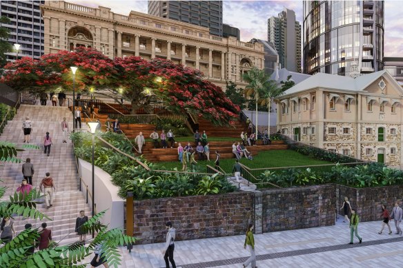 An artist’s impression of Miller’s Park at Queen’s Wharf Brisbane. It recognises Lt Henry Miller, the first commandant of the original Brisbane penal colony. The building on the right is Queensland’s second-oldest, the Commissariat Store, built by convicts in 1828-9.