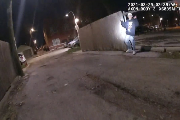 This image from Chicago Police Department body-cam video shows the moment before officer Eric Stillman fatally shot Adam Toledo, 13, on March 29.