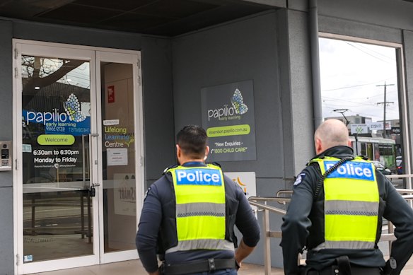 Police visit the Papilio Early Learning Centre in Essendon on Tuesday morning.