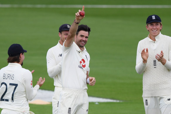 James Anderson celebrates his 600th Test wicket.