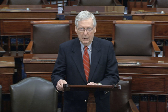 Senate Majority Leader Mitch McConnell speaks on the Senate floor at the US Capitol in Washington on Saturday.
