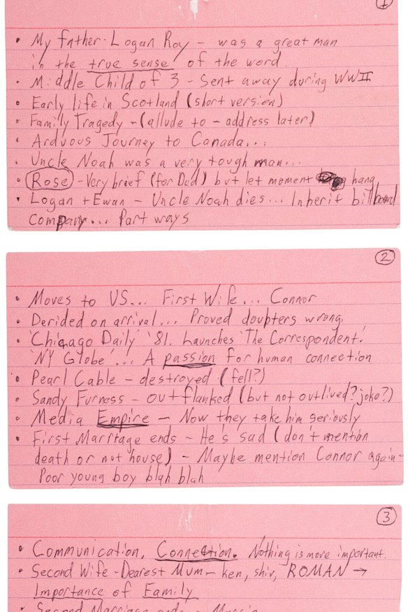 The index card containing Roman Roy’s (played by Kieran Culkin) eulogy notes for his father’s funeral.