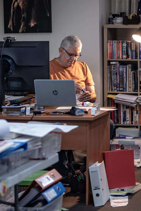 Ken Wyatt in his study surrounded by “native welfare” files. Spanning a century, they show in painful detail how cruel policies affected four generations of his family.