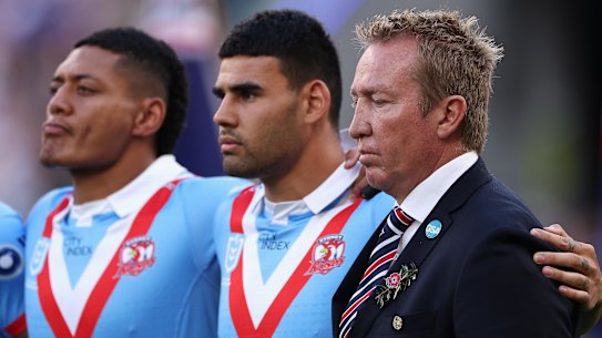 Roosters coach Trent Robinson is back standing behind the waterfall.
