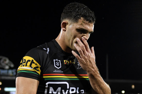 Nathan Cleary leaves the field on Friday night after aggravating his hamstring injury.