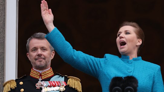 The Crown Prince is formally proclaimed new Danish King Frederik X by the Prime Minister, Mette Frederiksen on the balcony of Christiansborg Palace on January 14, 2024 in Copenhagen, Denmark. King Frederik X is succeeding Queen Margrethe II, who will be stepping down after reigning for 51 years. (Photo by Sean Gallup/Getty Images) .