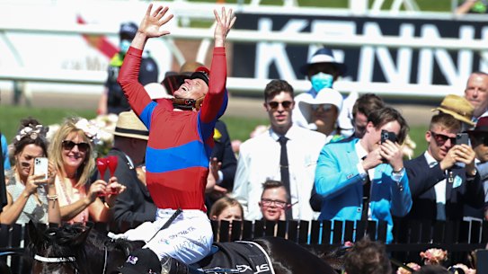 James McDonald celebrates Verry Elleegant’s Melbourne Cup triumph.