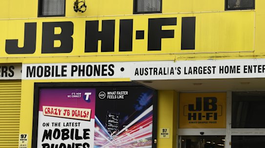 Online sales have declined at Myer and JB Hi-Fi in the six months to December, though both companies are still well ahead on their pre-COVID levels.