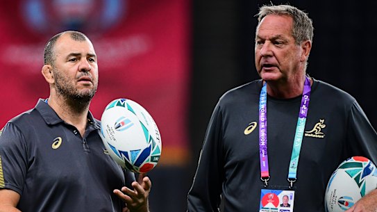 Wallabies coach Michael Cheika and skills coach Mick Byrne. 