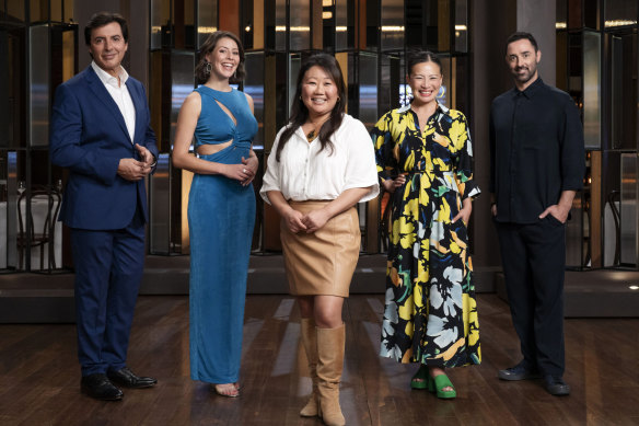 Guest judge Nagi Maehashi aka RecipeTin Eats (centre) pictured with Jean-Christophe Novelli, Sofia Levin, Poh Ling Yeow and Andy Allen.