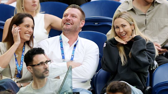 Groth at the Australian Open last month with wife Brittany and Bec Hewitt. 