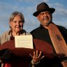 Megan Davis, Pat Anderson from the Referendum Council holding the Uluru Statement from the Heart in 2017, and Noel Pearson.