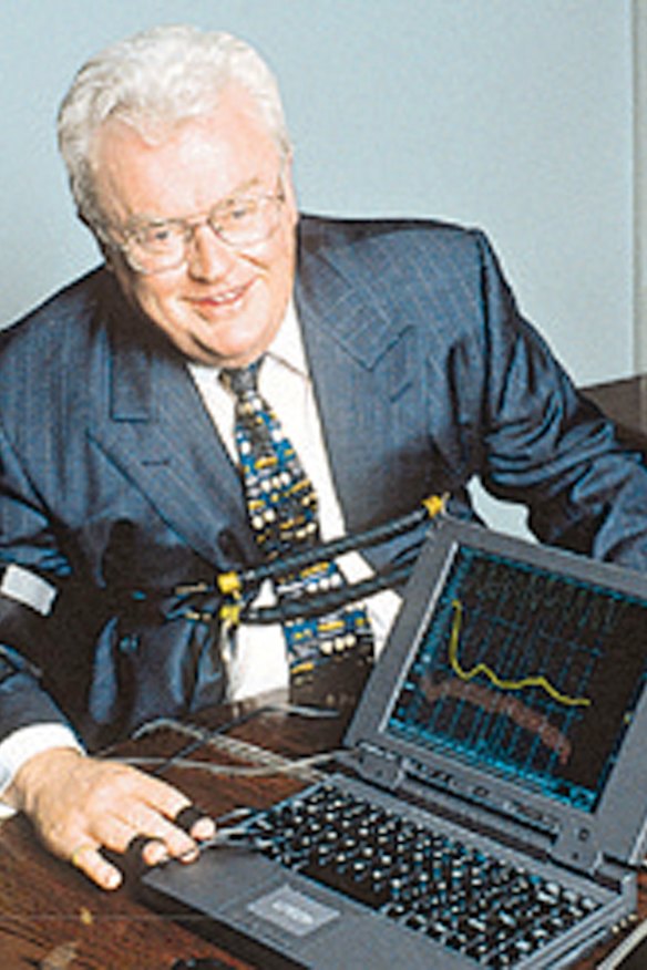 Graham Richardson with a lie detector for a promotional photograph.