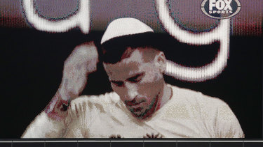 Tomer Hemed of the Phoenix is seen on the big screen wearing a kippah after scoring his second goal during the A-League match between Melbourne City and Wellington Phoenix at AAMI Park.