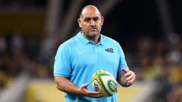 Argentina coach Mario Ledesma watches his team warm up ahead of their match against Australia on Saturday night. 
