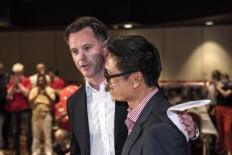 ALP candidate for Strathfield Jason Yat-Sen Li (right) with NSW Labor leader Chris Minns on Saturday night. 