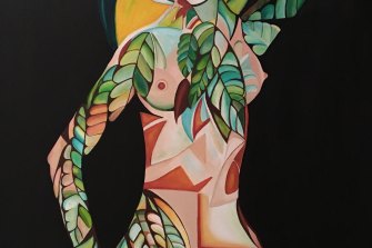 Nude painting <i>Tree Lady</i> painted by Yolanda Vega for a Reason Party fundraiser. 