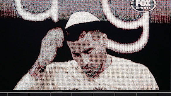 Tomer Hemed of the Phoenix is seen on the big screen wearing a kippah after scoring his second goal during the A-League match between Melbourne City and Wellington Phoenix at AAMI Park.