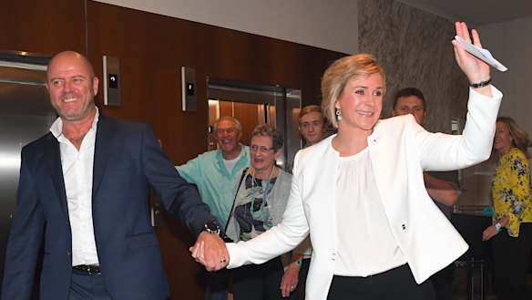 Zali Steggall with husband her husband Tim Irving after her victory in Warringah.