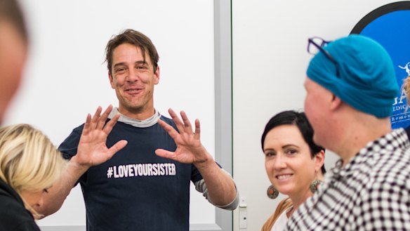 Actor and cancer activist Samuel Johnson speaks to cancer patients and staff at Brisbane's Greenslopes Hospital.